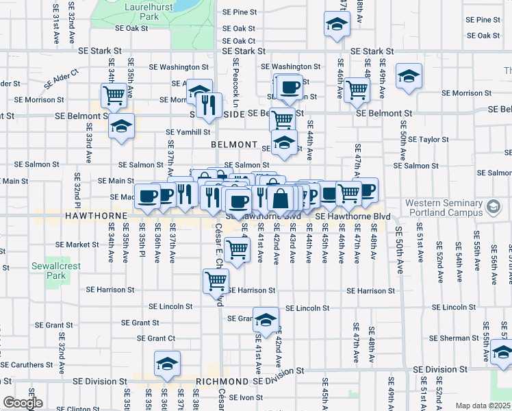 map of restaurants, bars, coffee shops, grocery stores, and more near 4047 Southeast Madison Street in Portland