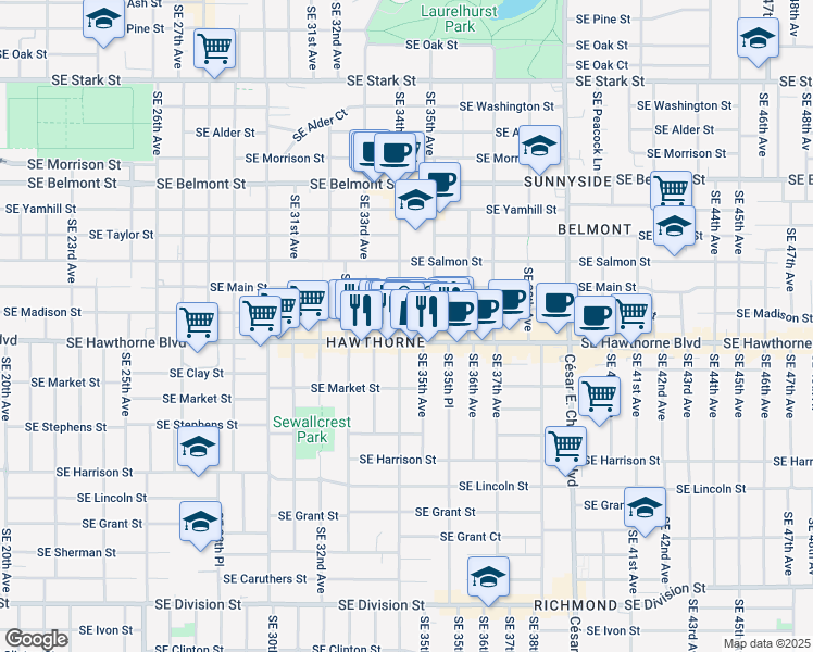 map of restaurants, bars, coffee shops, grocery stores, and more near 1333 Southeast 34th Avenue in Portland