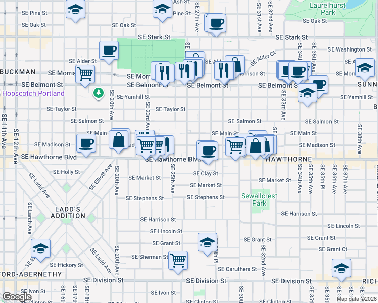 map of restaurants, bars, coffee shops, grocery stores, and more near 2635 Southeast Madison Street in Portland