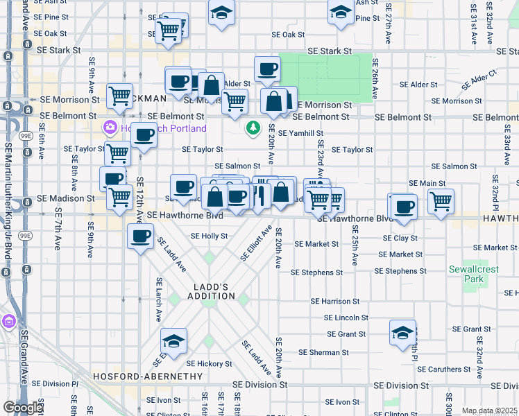 map of restaurants, bars, coffee shops, grocery stores, and more near 1315 Southeast 20th Avenue in Portland