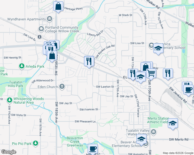 map of restaurants, bars, coffee shops, grocery stores, and more near 940 Southwest 178th Place in Beaverton