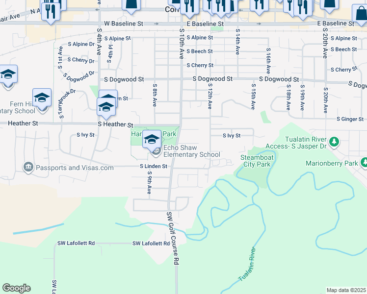 map of restaurants, bars, coffee shops, grocery stores, and more near 1020 South Jasper Street in Cornelius