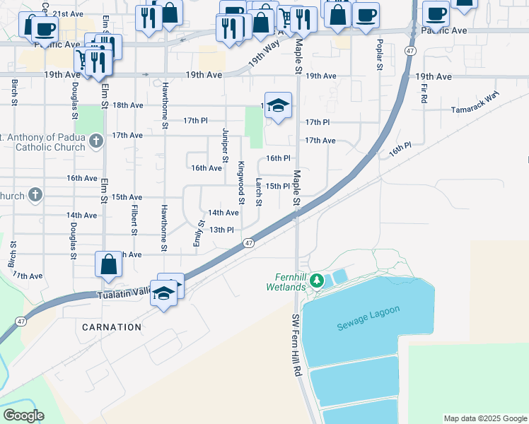 map of restaurants, bars, coffee shops, grocery stores, and more near 1410 Madrona Lane in Forest Grove