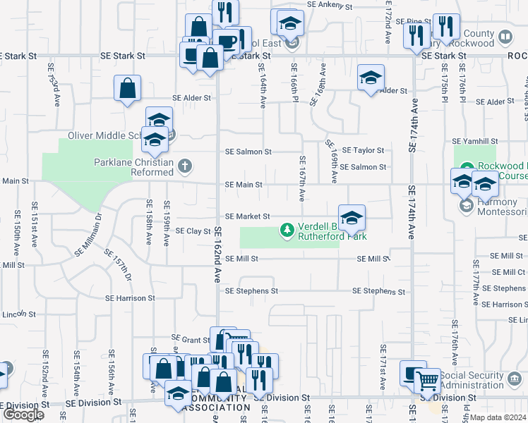 map of restaurants, bars, coffee shops, grocery stores, and more near 16443 Southeast Market Street in Portland