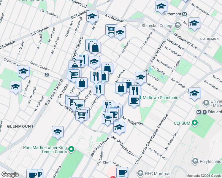 map of restaurants, bars, coffee shops, grocery stores, and more near 6301 Place Northcrest in Montrã©Al