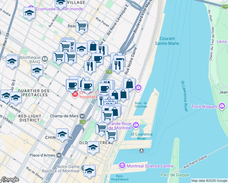 map of restaurants, bars, coffee shops, grocery stores, and more near 530 Rue Saint-Hubert in Montréal