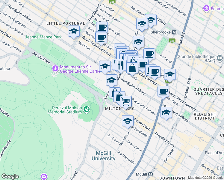 map of restaurants, bars, coffee shops, grocery stores, and more near 220 Avenue des Pins in Montréal