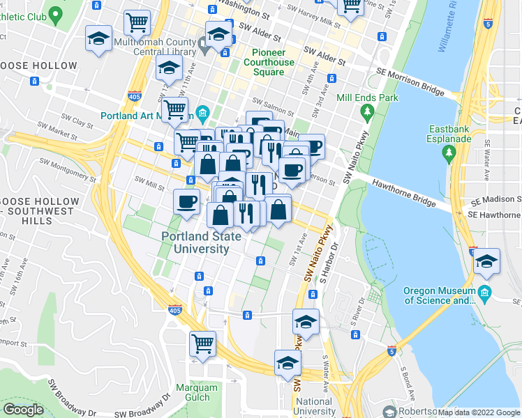 map of restaurants, bars, coffee shops, grocery stores, and more near SW Market St & SW 4th Ave in Portland