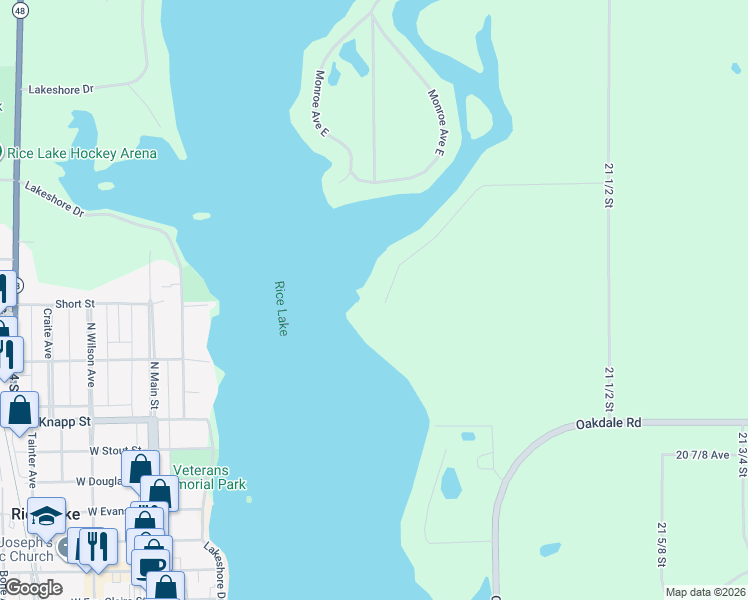 map of restaurants, bars, coffee shops, grocery stores, and more near 2108 21 1/4 St in Rice Lake