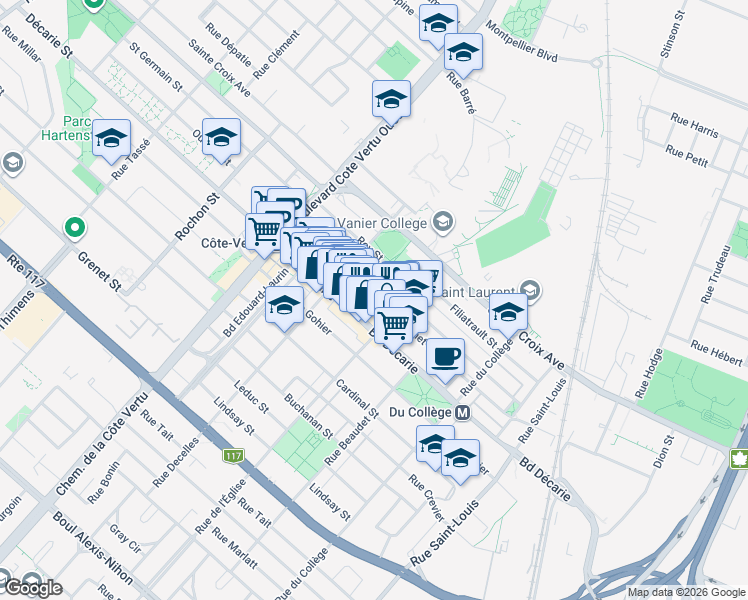 map of restaurants, bars, coffee shops, grocery stores, and more near 850 Rue Ouimet in Montréal