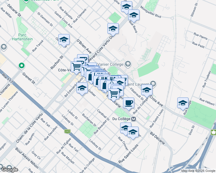 map of restaurants, bars, coffee shops, grocery stores, and more near 850 Ouimet Street in Montreal