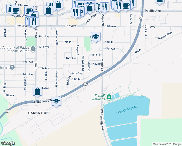map of restaurants, bars, coffee shops, grocery stores, and more near 1410 Madrona Lane in Forest Grove