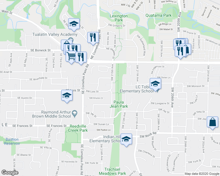 map of restaurants, bars, coffee shops, grocery stores, and more near 21455 Southwest Lois Street in Beaverton