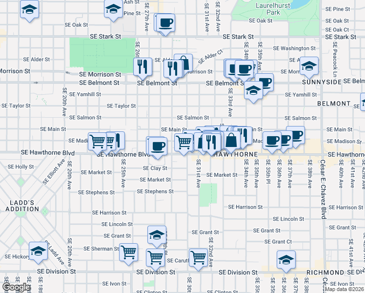 map of restaurants, bars, coffee shops, grocery stores, and more near 1411 Southeast 30th Avenue in Portland