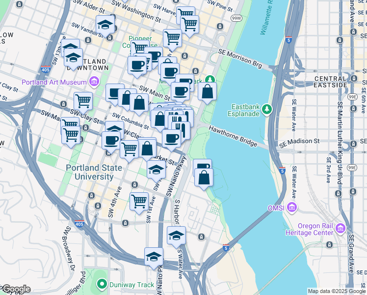 map of restaurants, bars, coffee shops, grocery stores, and more near 1401 Southwest Naito Parkway in Portland