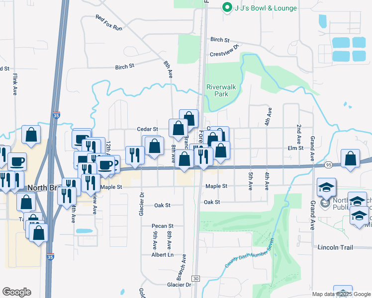 map of restaurants, bars, coffee shops, grocery stores, and more near 6269 Elm Street in North Branch
