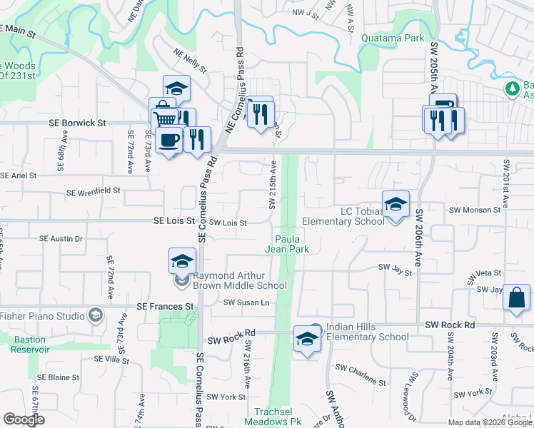 map of restaurants, bars, coffee shops, grocery stores, and more near 21455 Southwest Lois Street in Beaverton