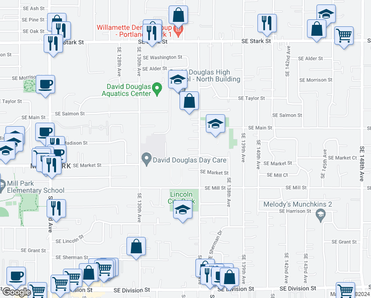 map of restaurants, bars, coffee shops, grocery stores, and more near 1451 Southeast 135th Avenue in Portland