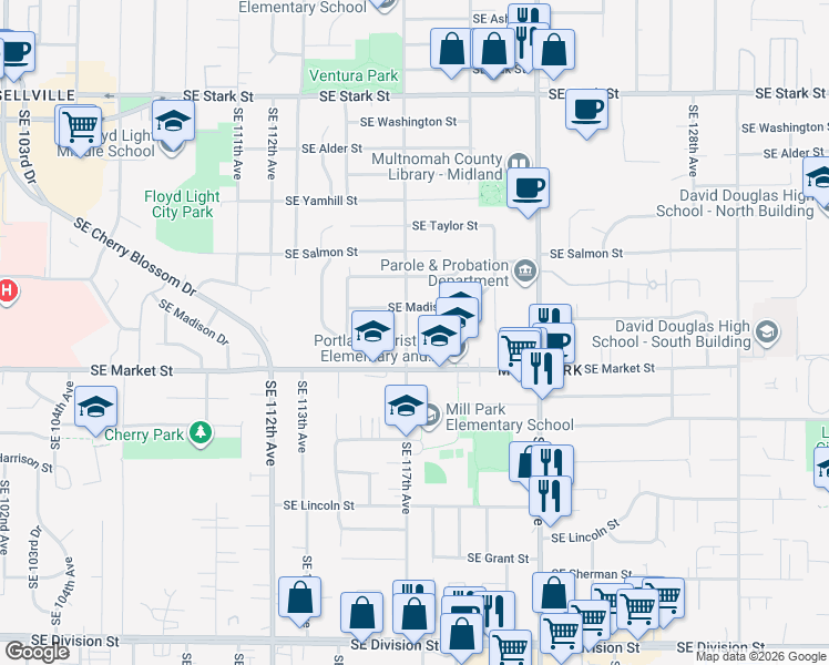 map of restaurants, bars, coffee shops, grocery stores, and more near 1490 Southeast 117th Avenue in Portland