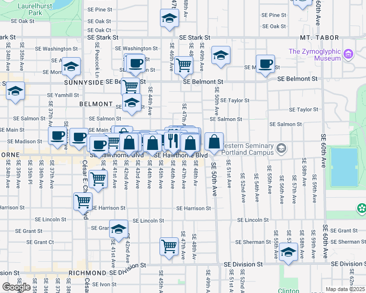 map of restaurants, bars, coffee shops, grocery stores, and more near 4642 Southeast Madison Street in Portland