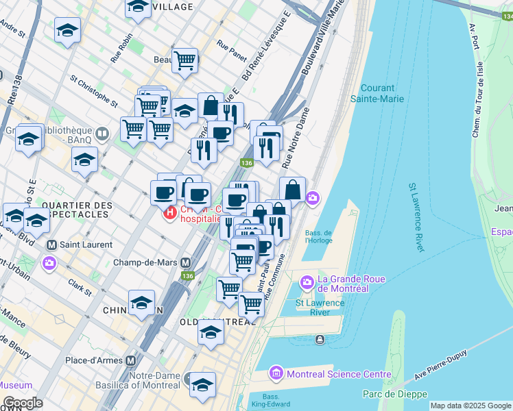 map of restaurants, bars, coffee shops, grocery stores, and more near 530 Rue Saint-Hubert in Montréal