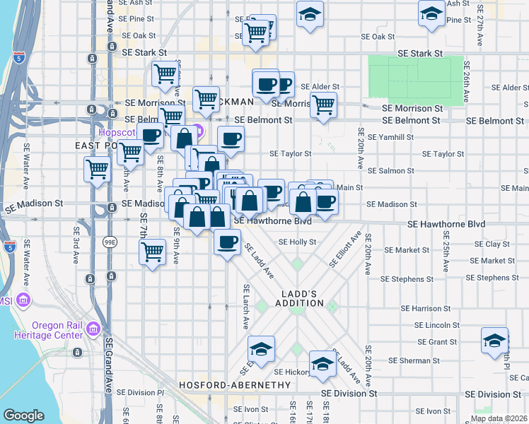 map of restaurants, bars, coffee shops, grocery stores, and more near 1331 Southeast Madison Street in Portland