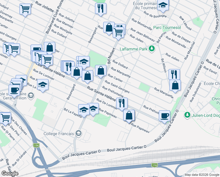 map of restaurants, bars, coffee shops, grocery stores, and more near 2405 Rue Préfontaine in Longueuil