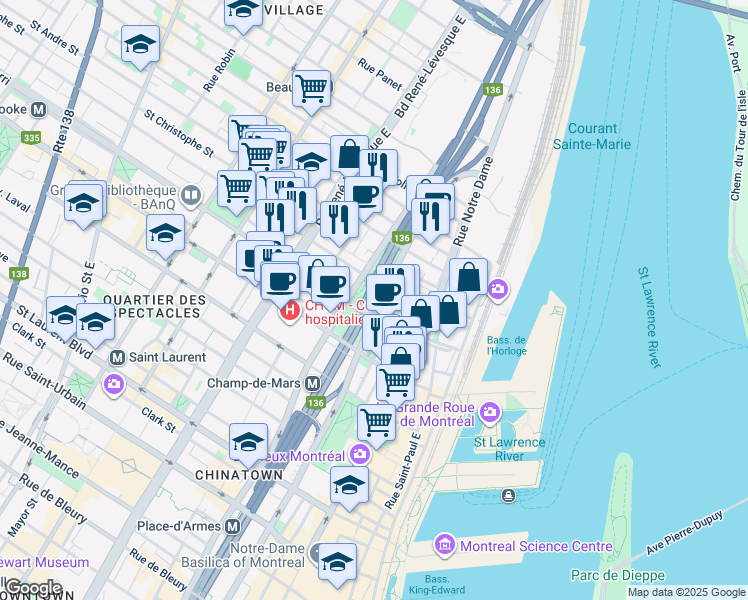 map of restaurants, bars, coffee shops, grocery stores, and more near in Montreal