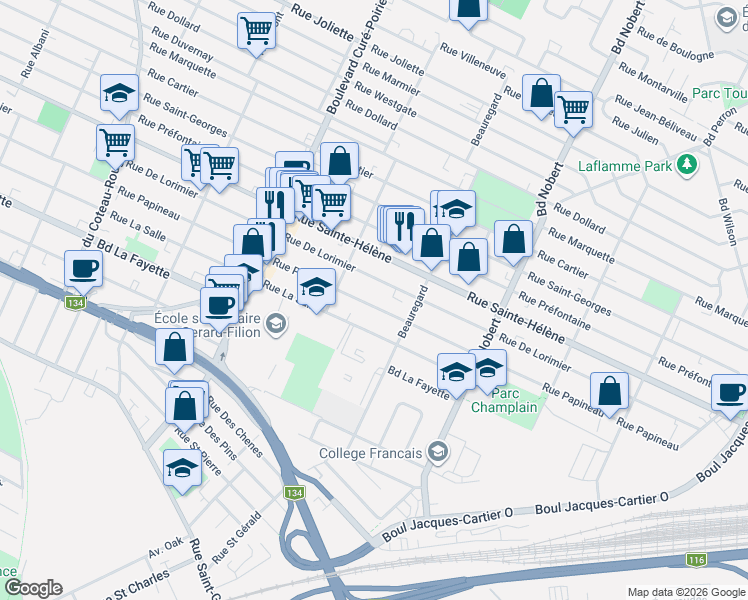 map of restaurants, bars, coffee shops, grocery stores, and more near 2109 Rue Papineau in Longueuil