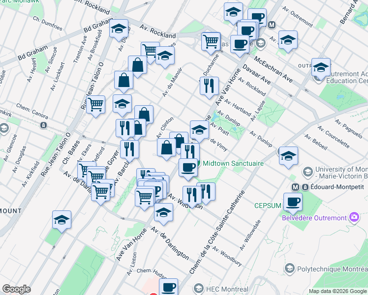 map of restaurants, bars, coffee shops, grocery stores, and more near 6211 Avenue Lennox in Montréal
