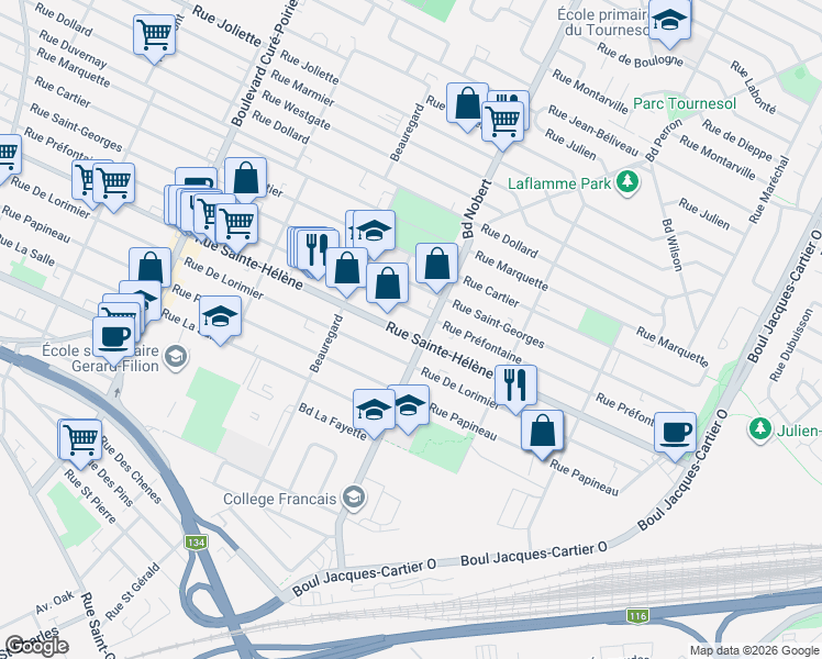 map of restaurants, bars, coffee shops, grocery stores, and more near 2305 Rue Sainte-Hélène in Longueuil