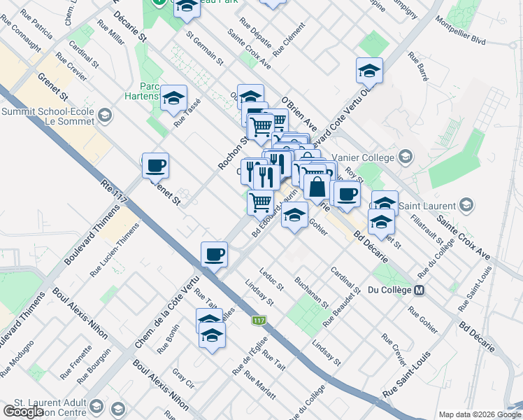 map of restaurants, bars, coffee shops, grocery stores, and more near 1620 Boulevard de la Côte Vertu in Montréal