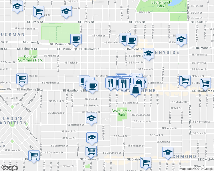map of restaurants, bars, coffee shops, grocery stores, and more near 2925 Southeast Madison Street in Portland