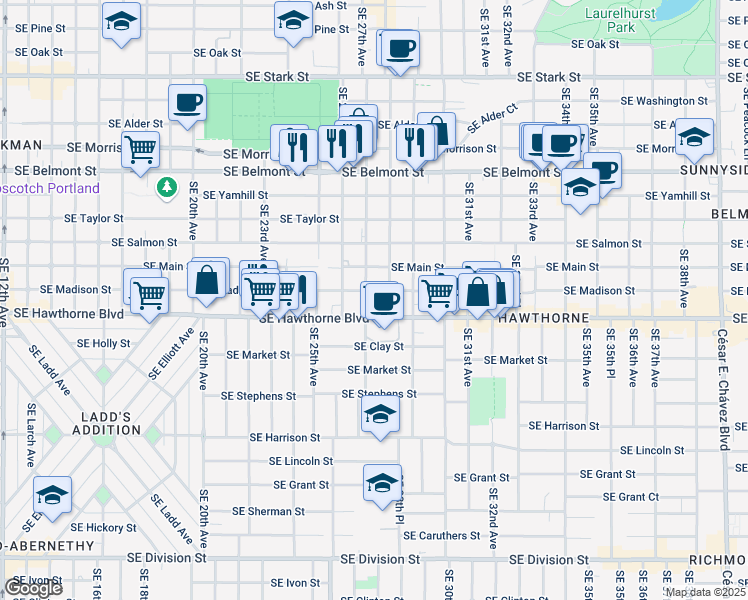 map of restaurants, bars, coffee shops, grocery stores, and more near 2635 Southeast Madison Street in Portland