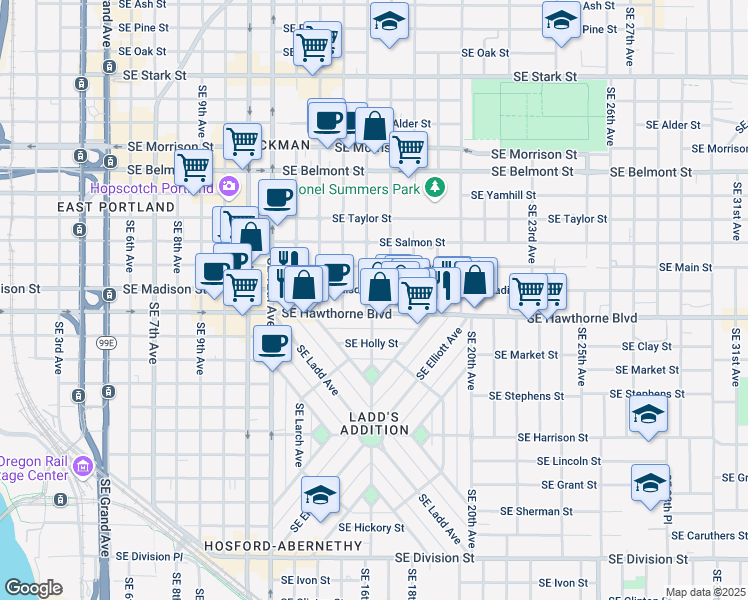 map of restaurants, bars, coffee shops, grocery stores, and more near 1625 Southeast Madison Street in Portland