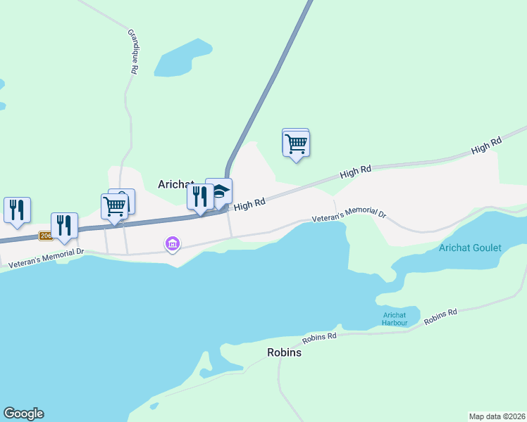 map of restaurants, bars, coffee shops, grocery stores, and more near 2712 High Road in Arichat