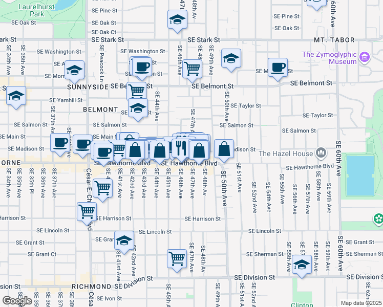 map of restaurants, bars, coffee shops, grocery stores, and more near 4642 Southeast Madison Street in Portland