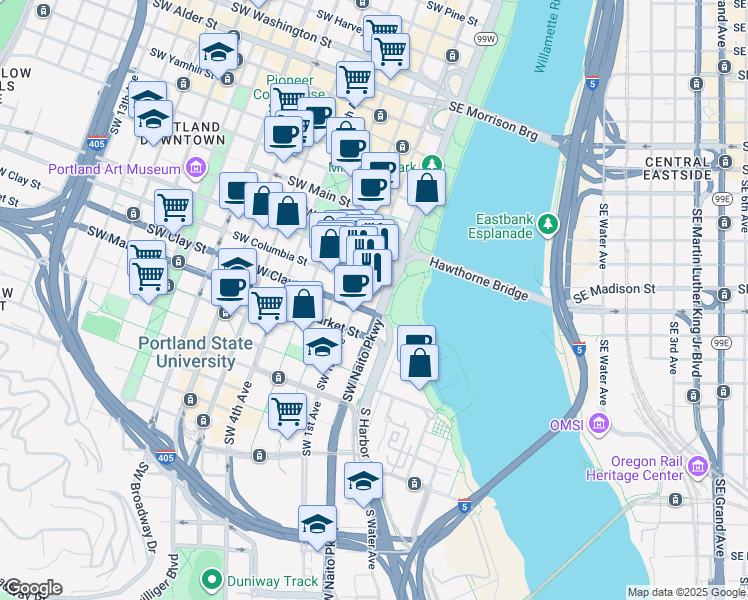 map of restaurants, bars, coffee shops, grocery stores, and more near 1401 Southwest Naito Parkway in Portland
