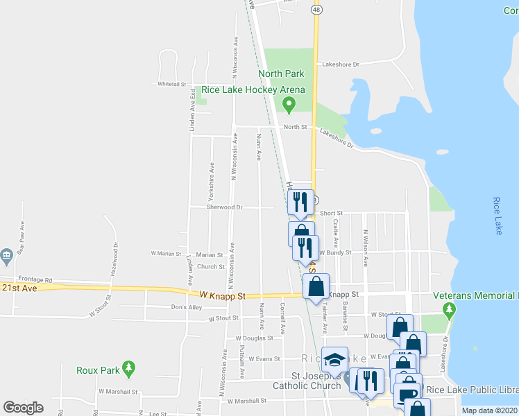 map of restaurants, bars, coffee shops, grocery stores, and more near 513 Sherwood Drive in Rice Lake