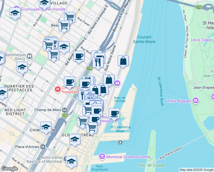 map of restaurants, bars, coffee shops, grocery stores, and more near 363 Rue Saint-Hubert in Montréal