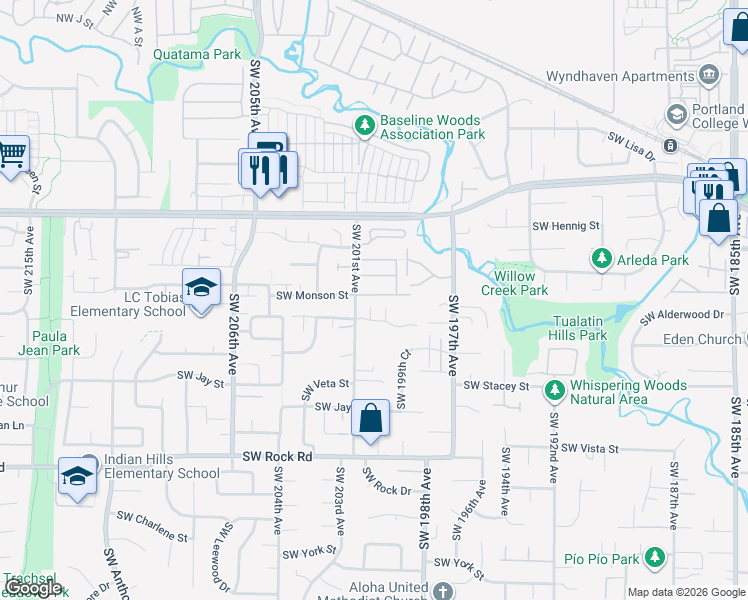 map of restaurants, bars, coffee shops, grocery stores, and more near 20035 Southwest Monson Street in Beaverton