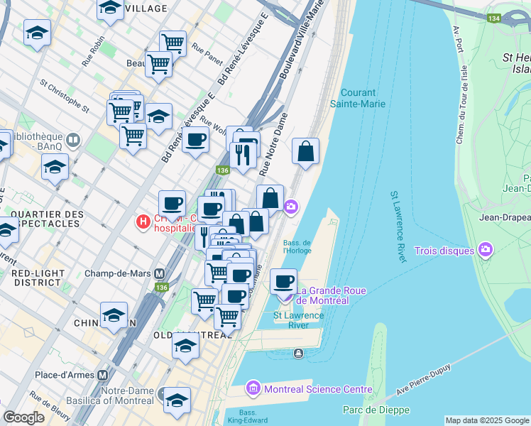 map of restaurants, bars, coffee shops, grocery stores, and more near 859 Rue de la Commune Est in Montréal