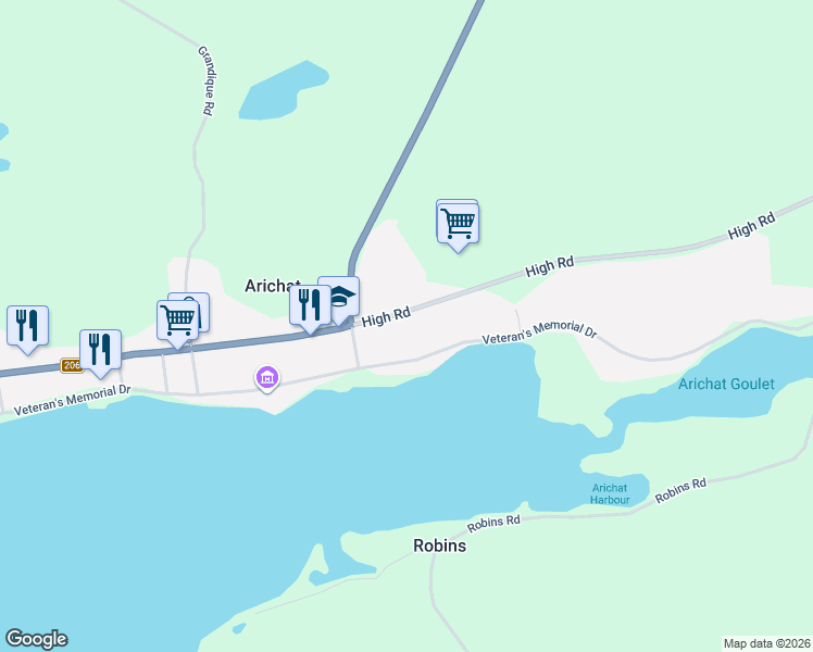 map of restaurants, bars, coffee shops, grocery stores, and more near 2705 High Road in Arichat
