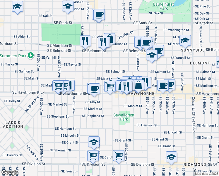 map of restaurants, bars, coffee shops, grocery stores, and more near 2925 Southeast Madison Street in Portland
