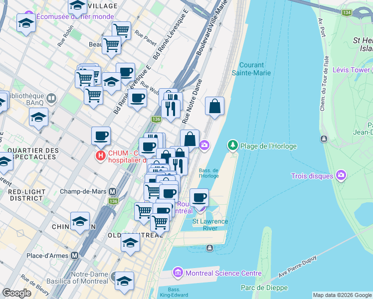 map of restaurants, bars, coffee shops, grocery stores, and more near 370 Rue Saint-André in Montréal