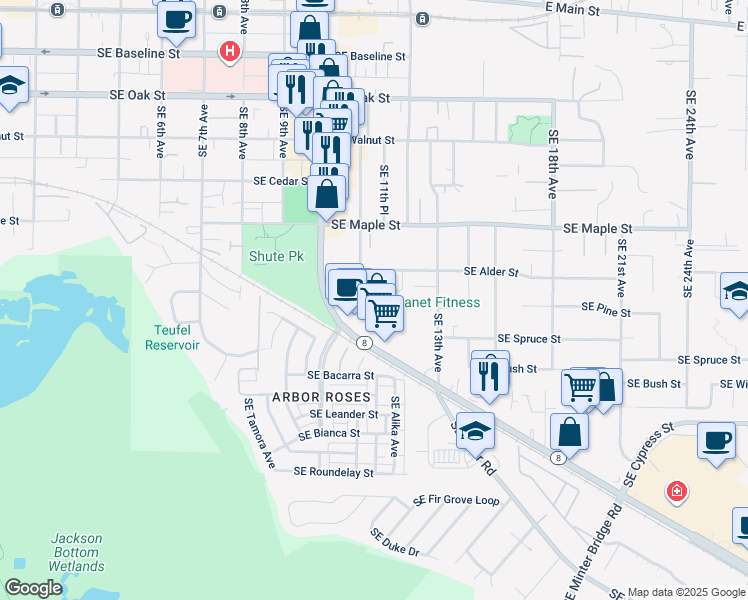 map of restaurants, bars, coffee shops, grocery stores, and more near 882 South East 11th Avenue in Hillsboro