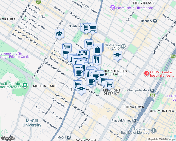 map of restaurants, bars, coffee shops, grocery stores, and more near 65 Rue Saint-Norbert in Montréal