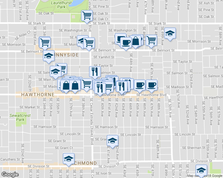 map of restaurants, bars, coffee shops, grocery stores, and more near 1412 Southeast 41st Avenue in Portland