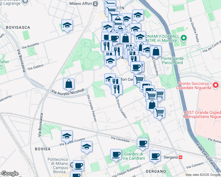 map of restaurants, bars, coffee shops, grocery stores, and more near 6 Via Privata Pozzuoli in Milano