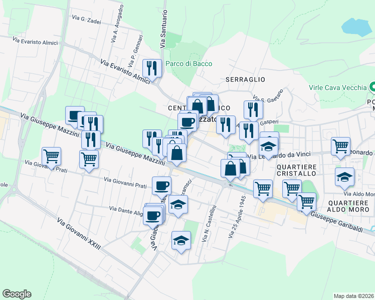 map of restaurants, bars, coffee shops, grocery stores, and more near 108 Via IV Novembre in Mazzano